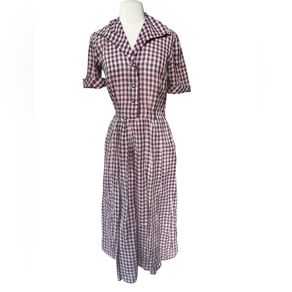 Vintage Pink and Black Gingham Midi Dress